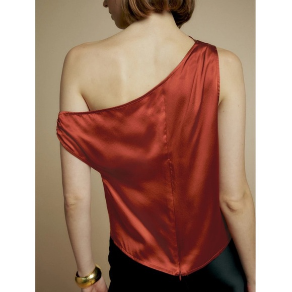 Reformation Annika Off-The-Shoulder Draped Silk-Charmeuse Top in Oxide - Picture 3 of 16